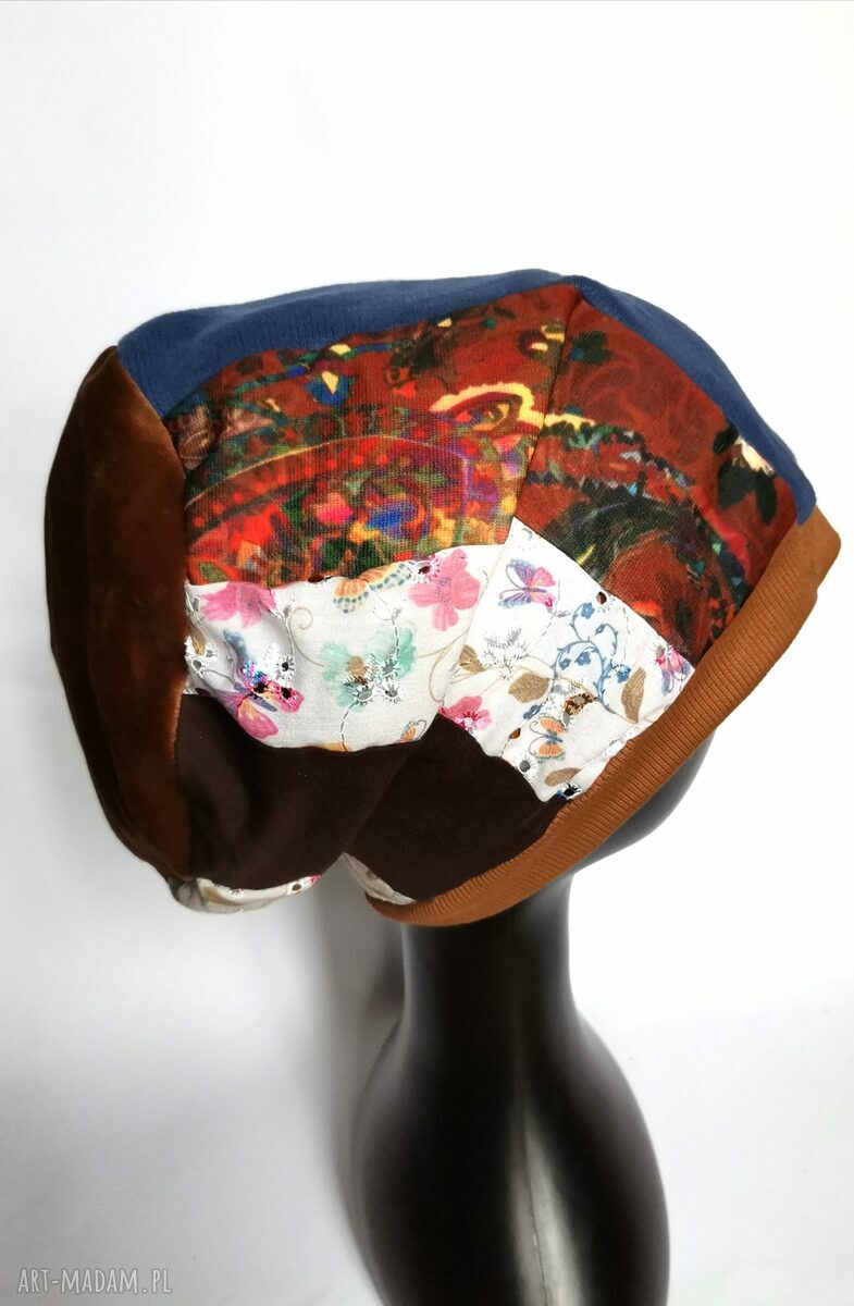Czapka uniwersalna na podszewce w stylu folk boho z motywem roweru