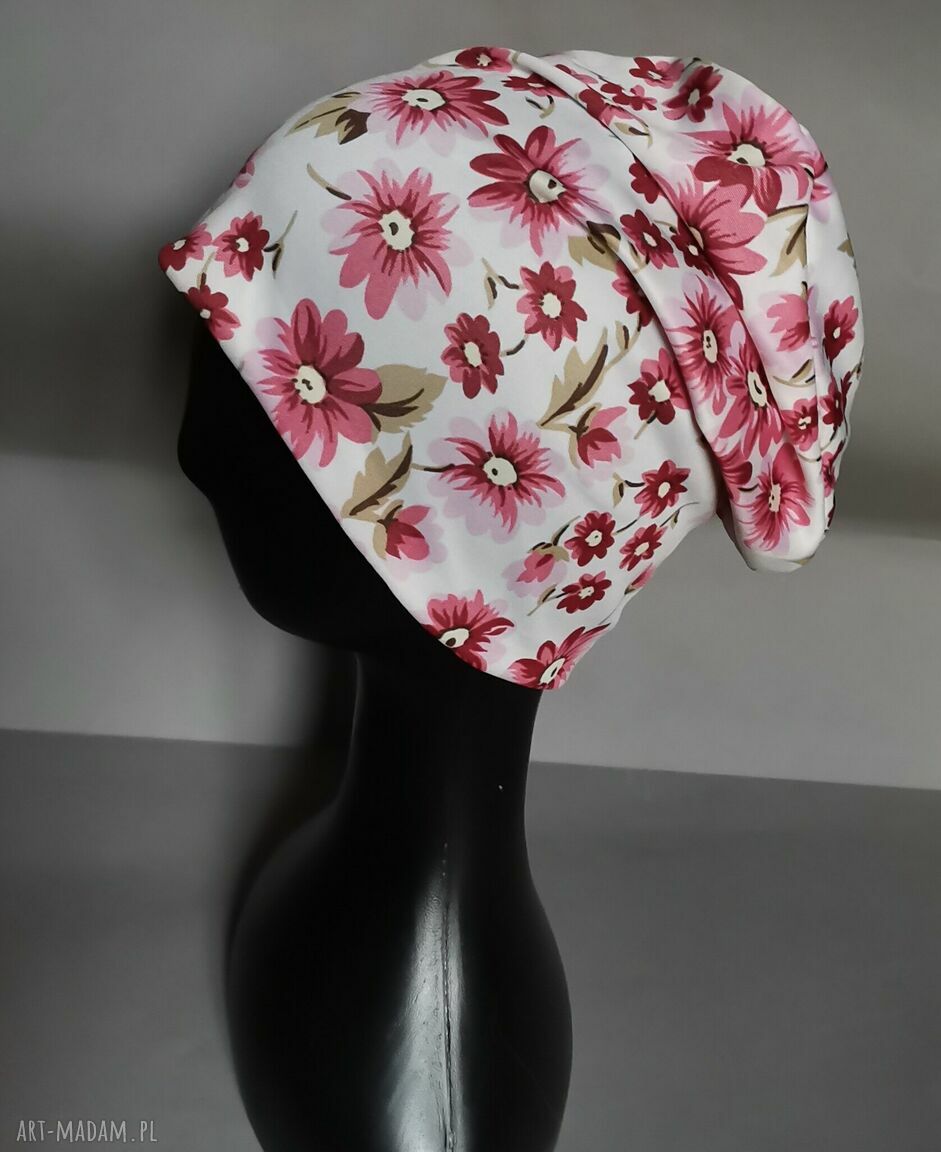 Czapka uniwersalna folk/boho etno z motywem kwiatów i akcentem rowerowym