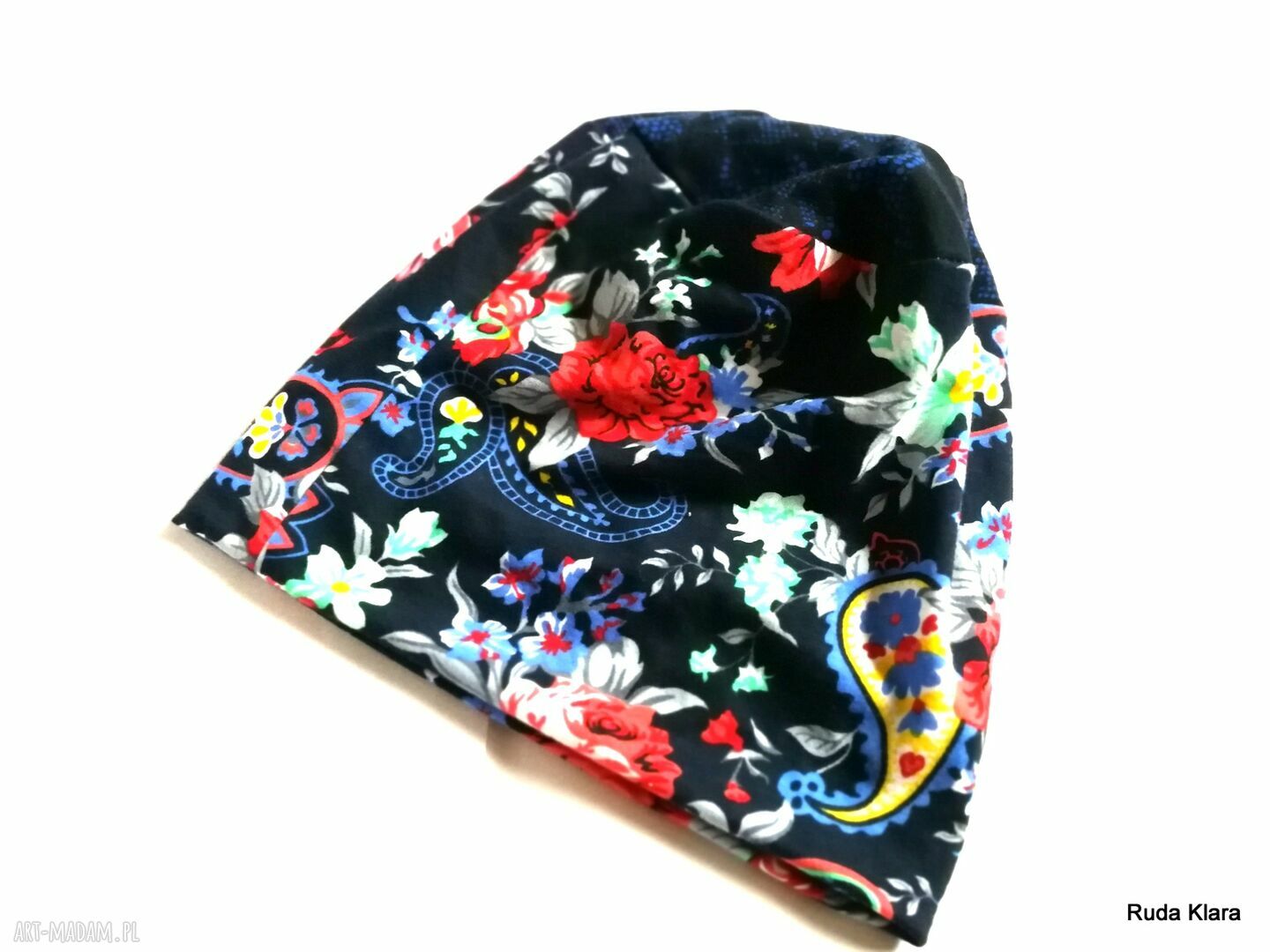 Czapka w kwiaty dzianinowa etno boho - na podszewce, 59-60 cm