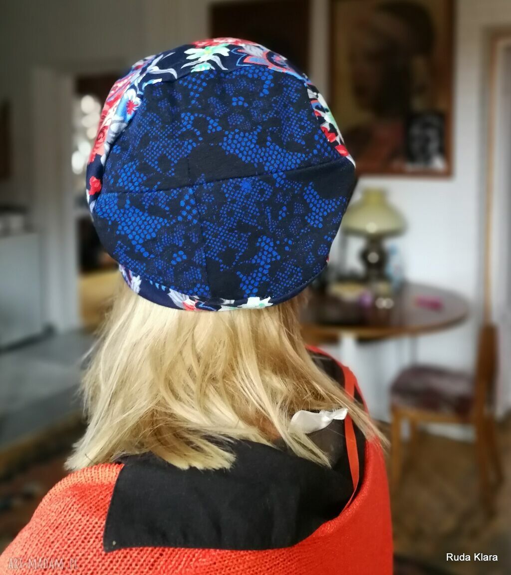 Czapka w kwiaty dzianinowa etno boho - na podszewce, 59-60 cm