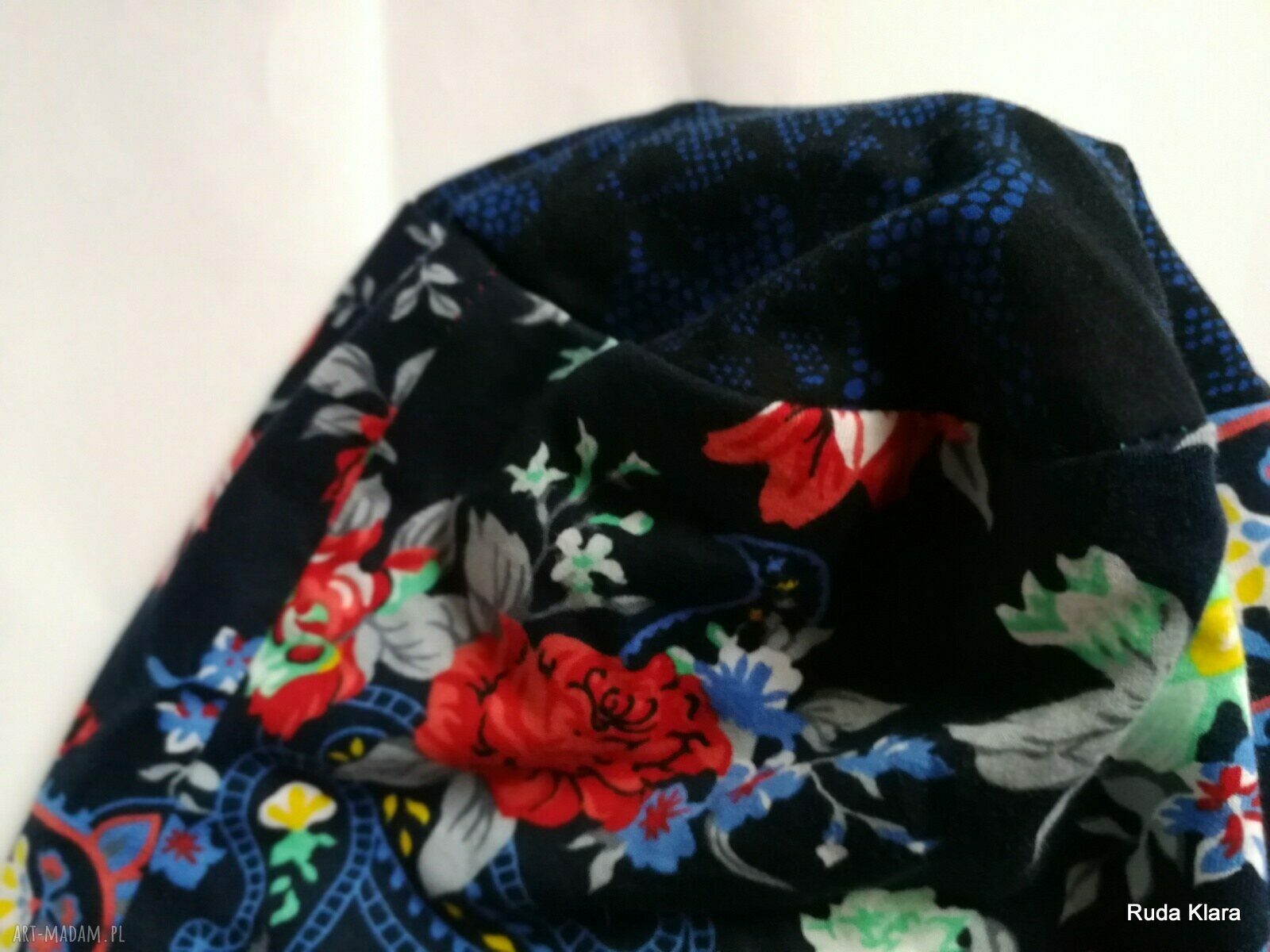 Czapka w kwiaty dzianinowa etno boho - na podszewce, 59-60 cm