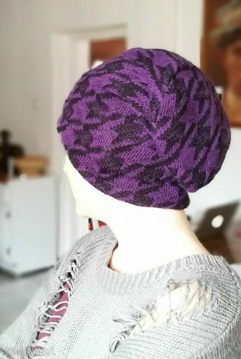 Czapka wełniana fioletowo-czarna etno - uniwersalna boho