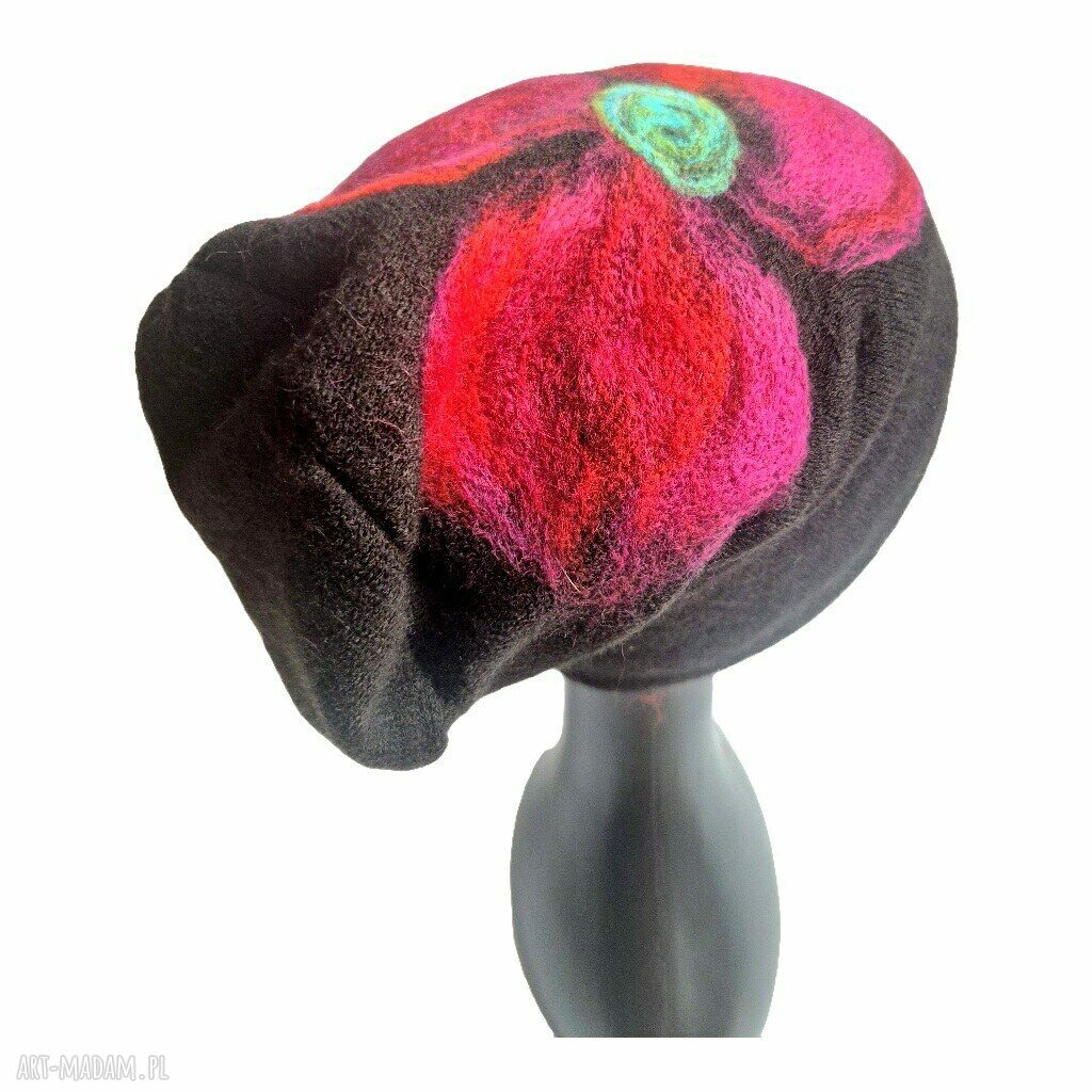Czapka wełniana filcowana Folk Boho Frida w kwiaty z podszewką - rozmiar uniwersalny