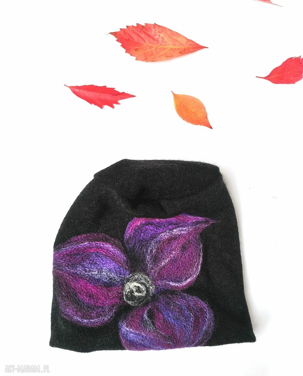 Czapka wełniana handmade Frida folk - filcowana merino na podszewce (rozmiar uniwersalny)