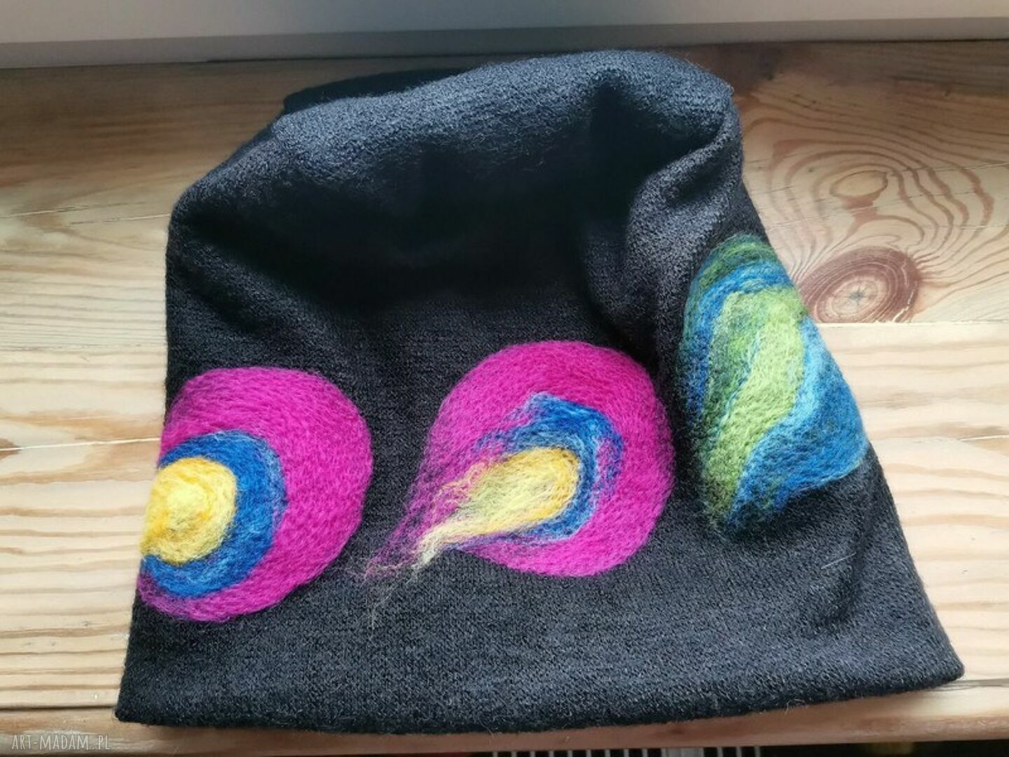 Czapka wełniana filcowana Pawie Pióra - zimowa handmade na podszewce