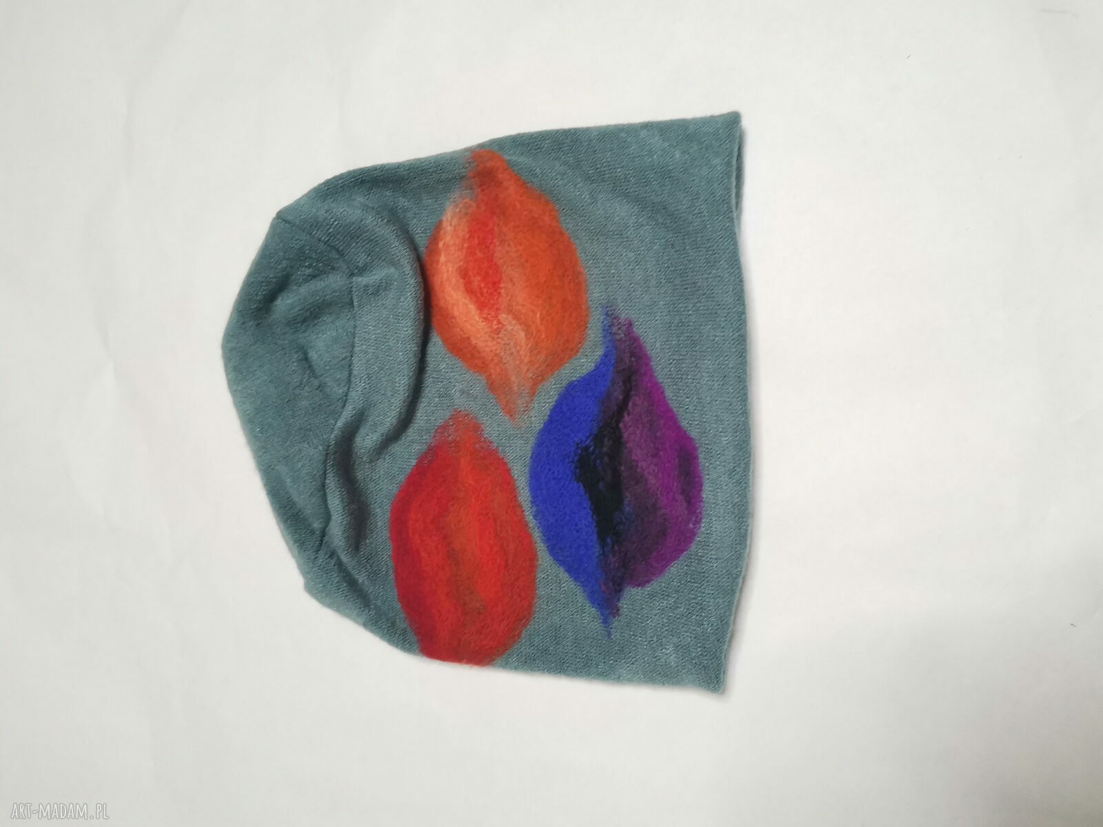 Zimowa czapka filcowana z merino - Ruda Klara boho w kwiaty na podszewce