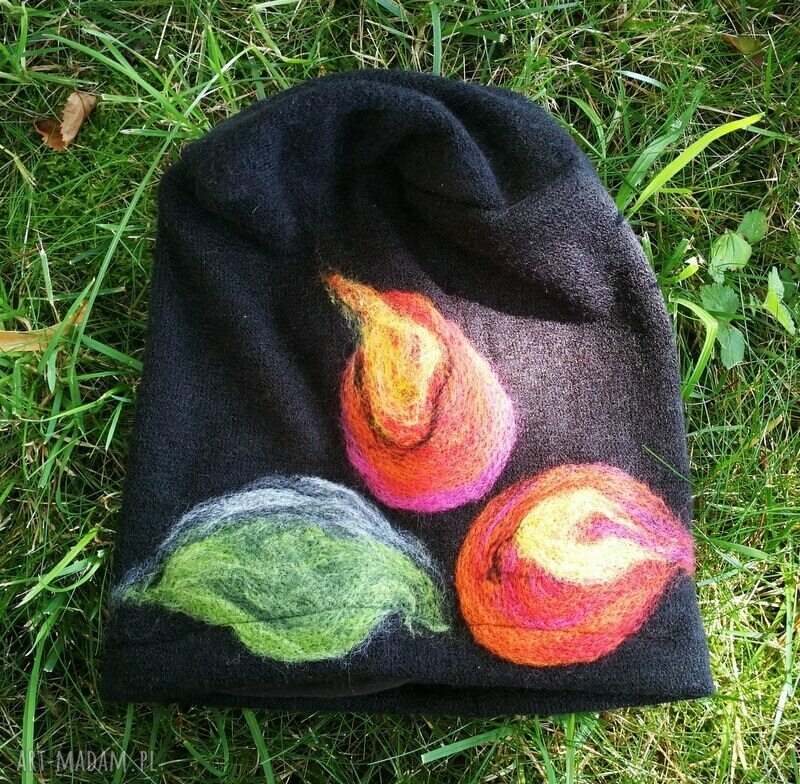 Czapka wełniana damska etno boho filcowana z merynosów - zimowa 59-60 cm