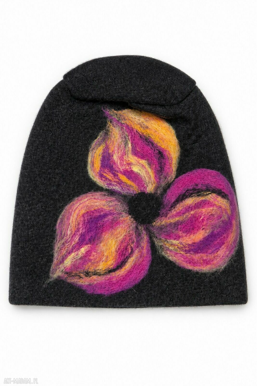 czapka wełniana filcowana zimowa czarna handmade w kwiaty na podszewce - rozmiar uniwersalny, weł