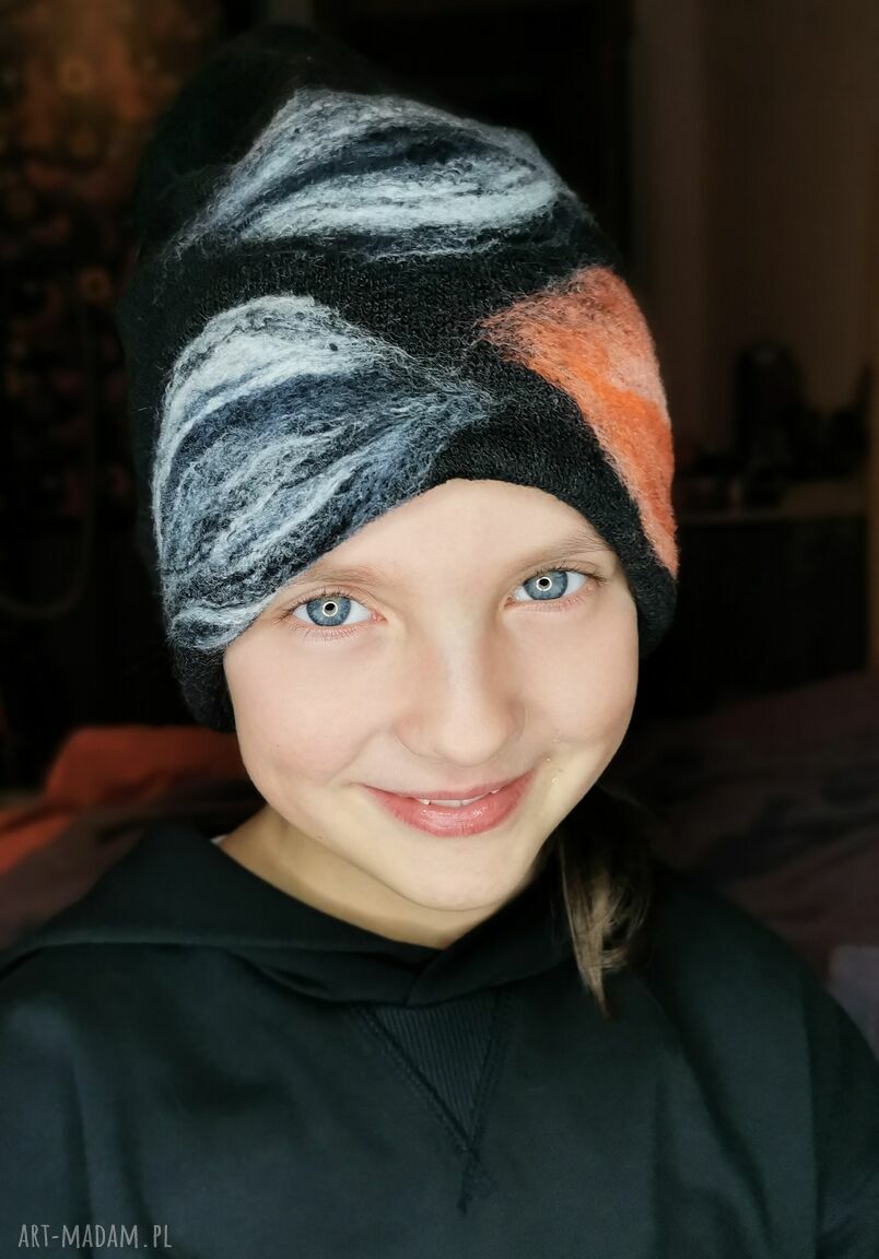 Czapka wełniana filcowana zimowa w kwiaty - folk boho, ruda Klara