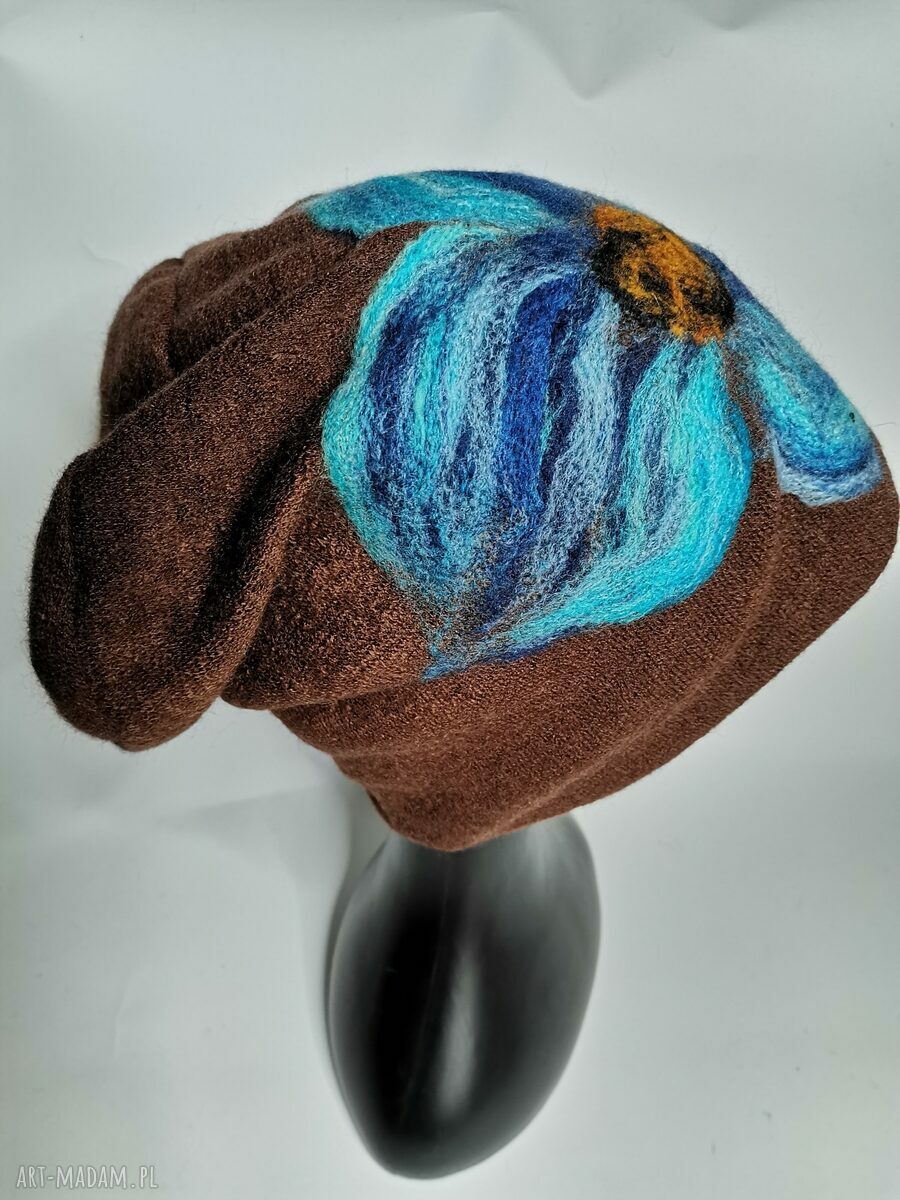 Czapka wełniana filcowana boho z frędzlami - wełna merynosów i podszewka (rozmiar uniwersalny)