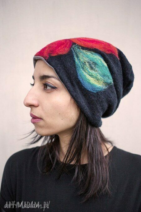 Ciepła zimowa czapka wełniana filcowana w kwiaty - merino, podszewka 58-61 cm