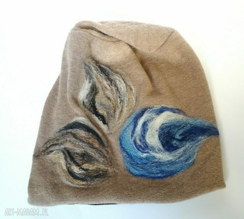 Czapka wełniana filcowana beżowa zimowa boho z merynosów 57-59 cm