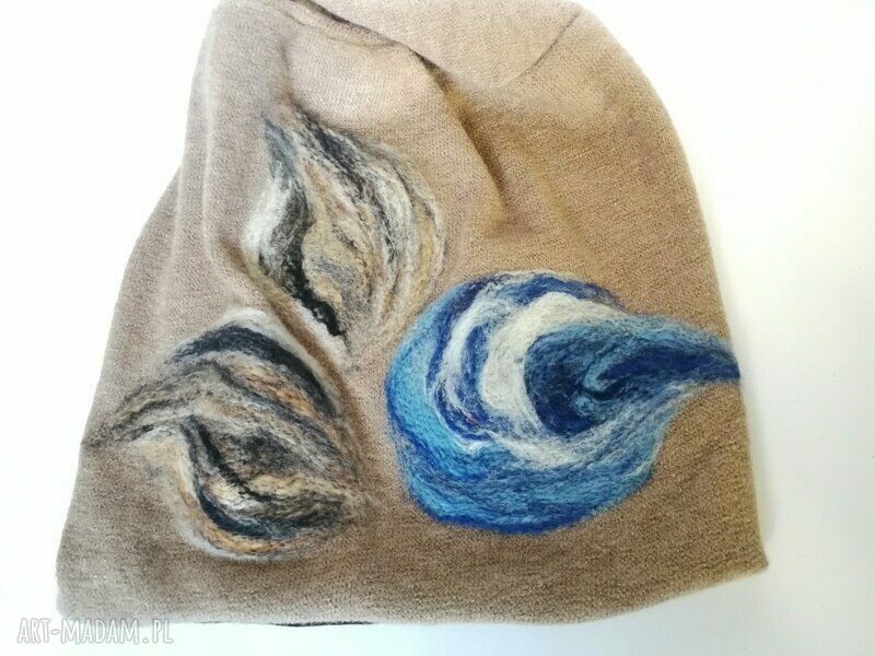 Czapka wełniana filcowana beżowa zimowa boho z merynosów 57-59 cm