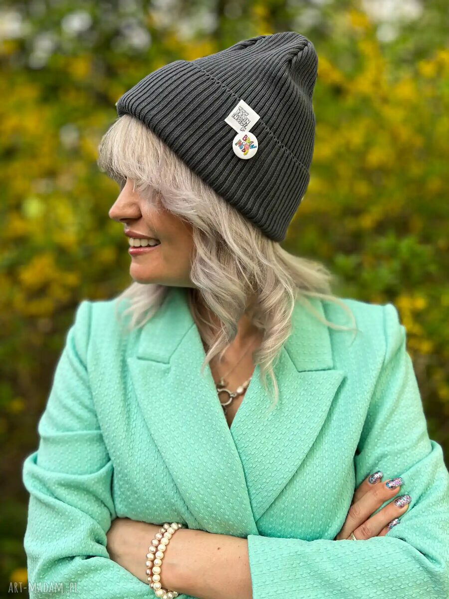 Ręcznie robiona czapka beanie z bawełny Brain Inside w ciemnym szarym (2w1)