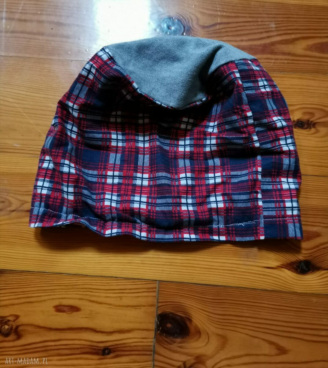 Czapka wiosenna w kratkę boho na podszewce - obwód 59 cm