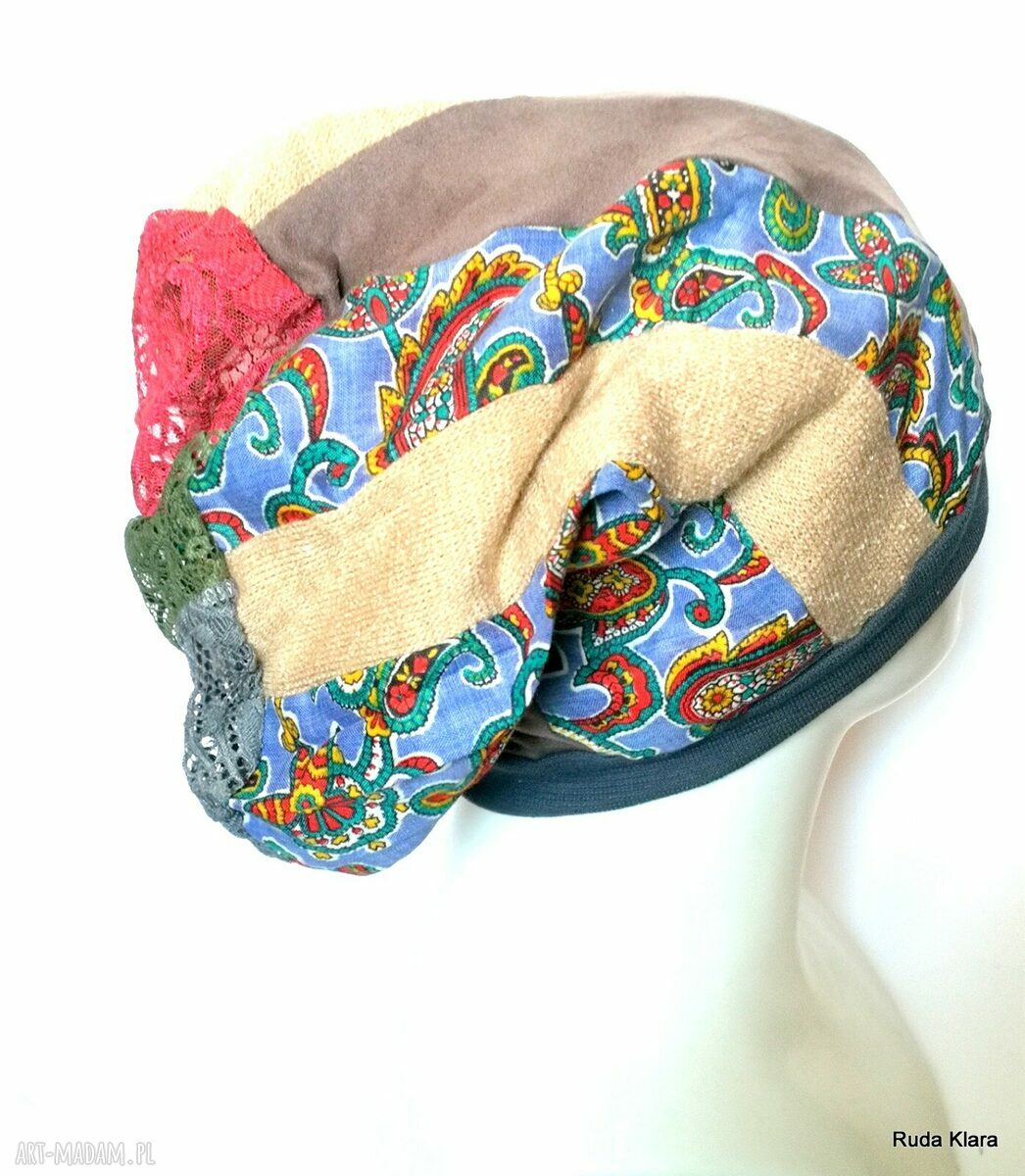 Czapka wiosenna Boho etno folk - na podszewce, rozmiar uniwersalny