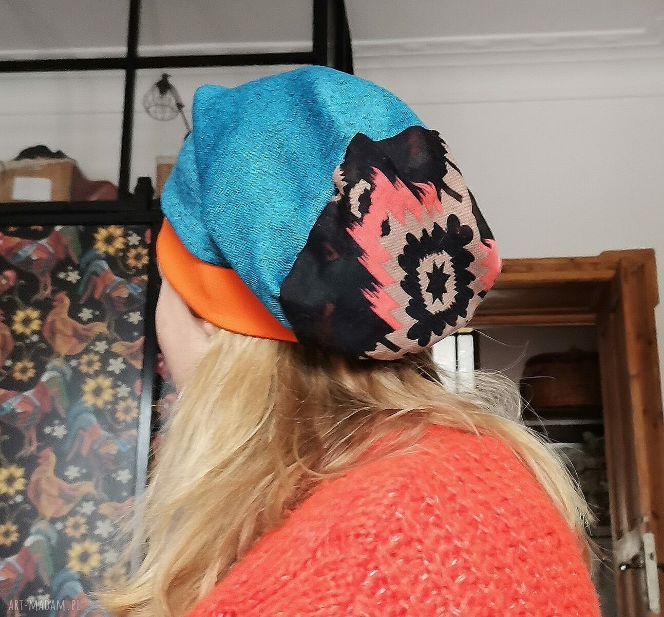 Czapka wiosenna z pomarańczem w stylu Boho-Folk - na podszewce (rozmiar uniwersalny)