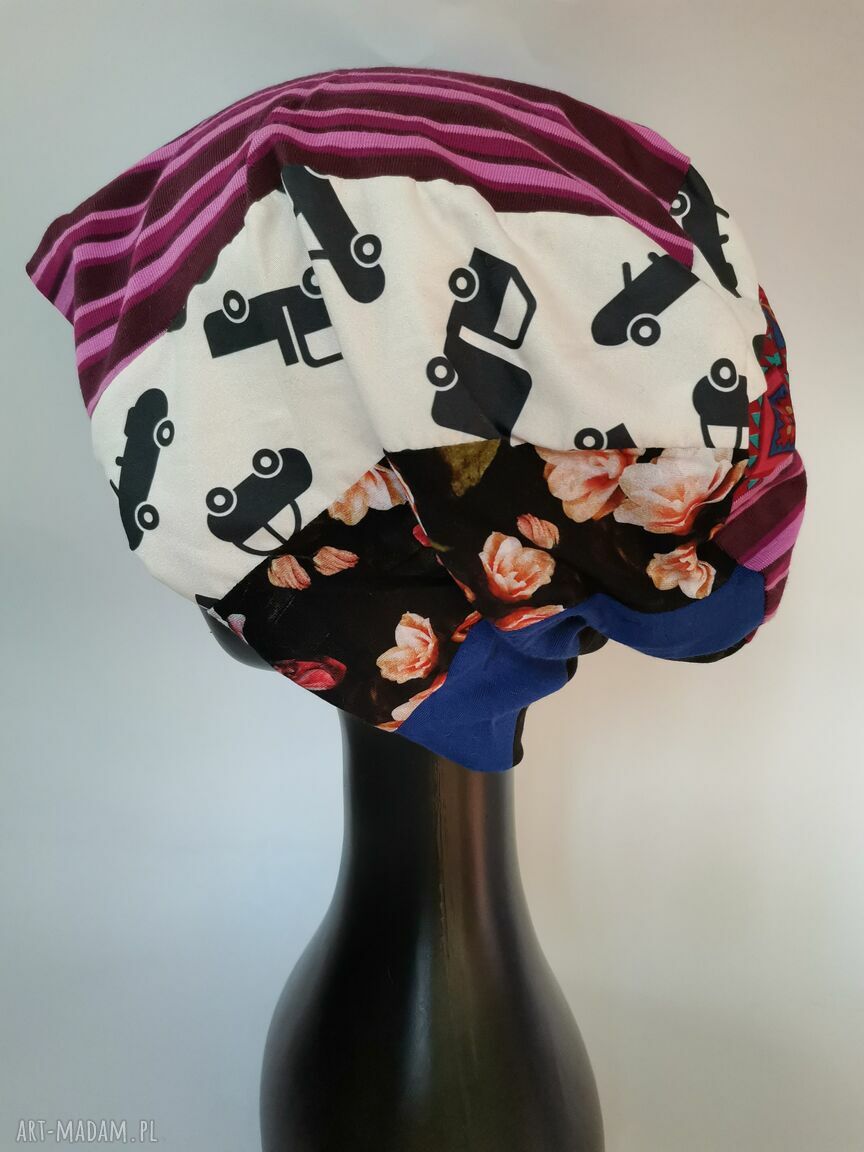 Czapka wiosenna patchworkowa na podszewce w stylu boho i folk