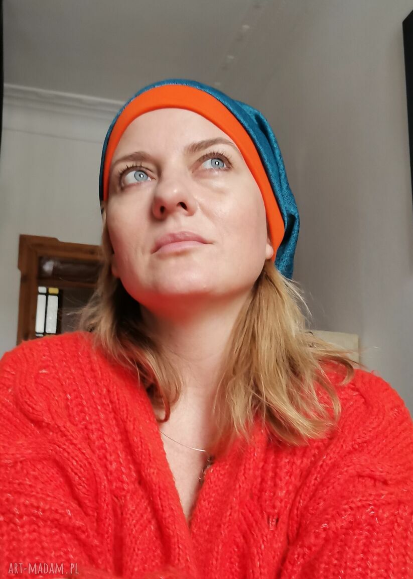 Czapka wiosenna z pomarańczem w stylu Boho-Folk - na podszewce (rozmiar uniwersalny)