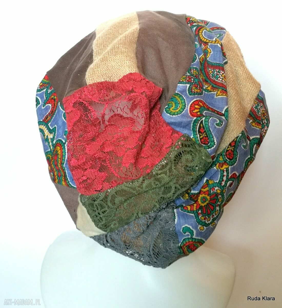 Czapka wiosenna Boho etno folk - na podszewce, rozmiar uniwersalny