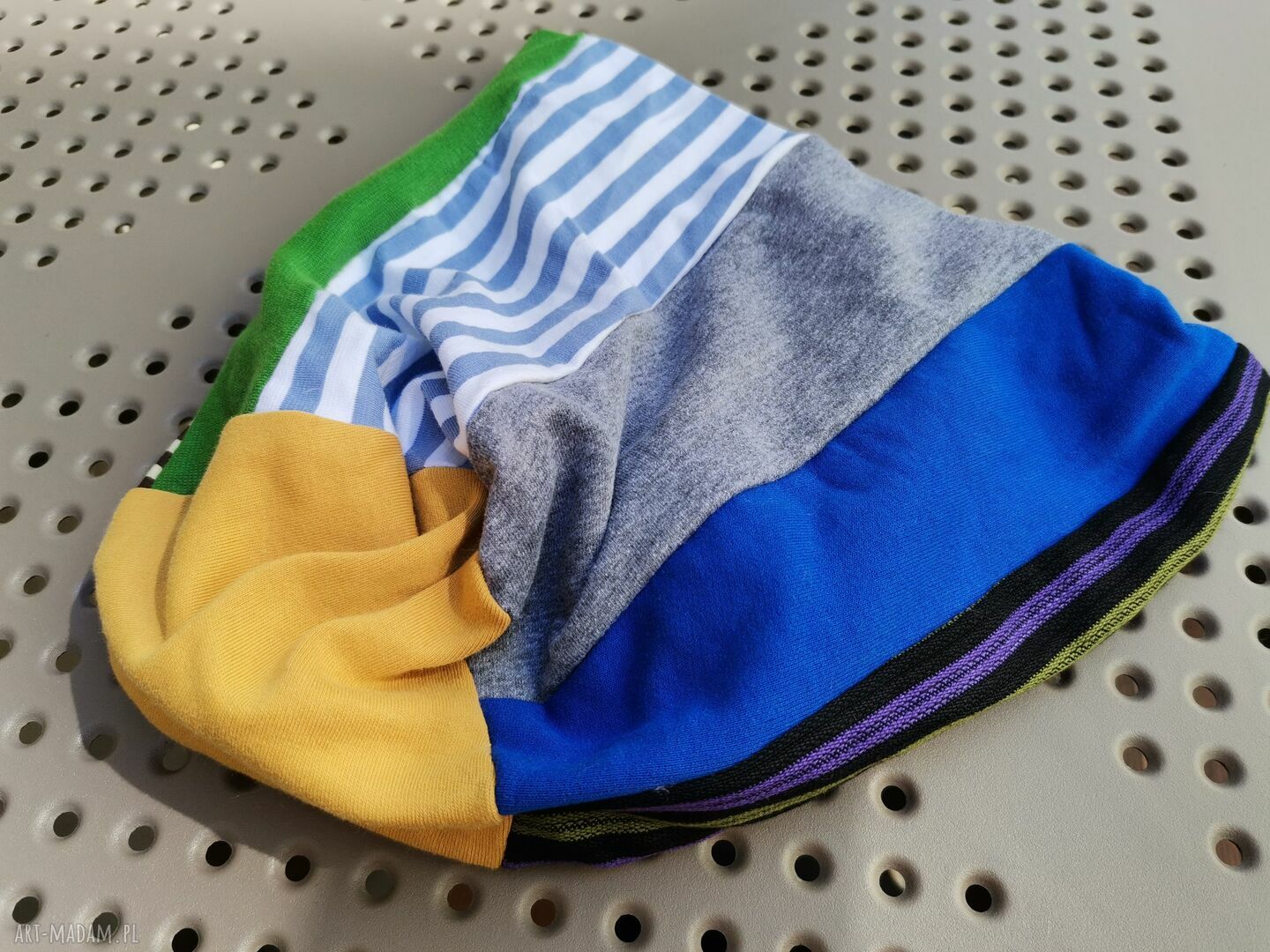 Czapka wiosenna patchworkowa Smerfetka - boho folk Frida etno na podszewce