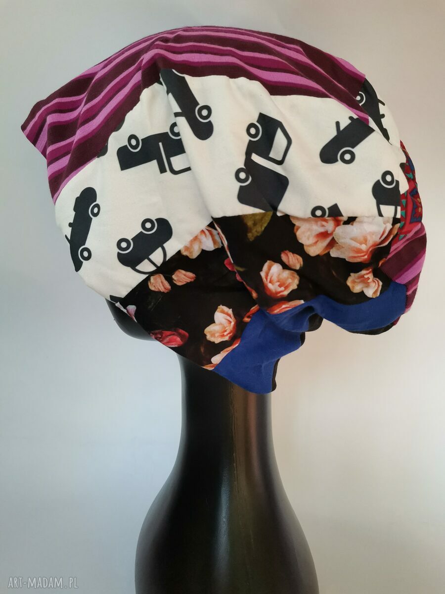 Czapka wiosenna patchworkowa na podszewce w stylu boho i folk