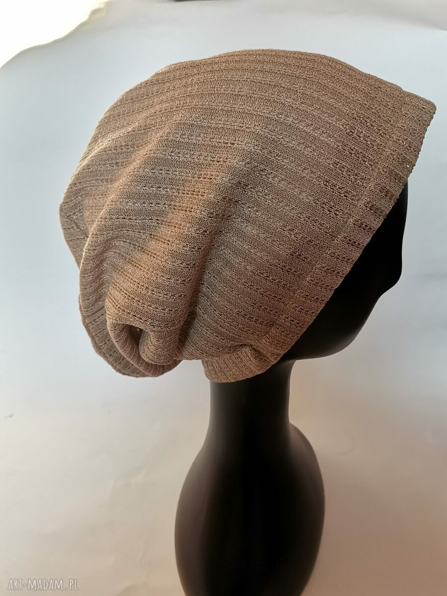 Beżowa czapka wiosenna boho/etno z podszewką - obwód 57-58 cm