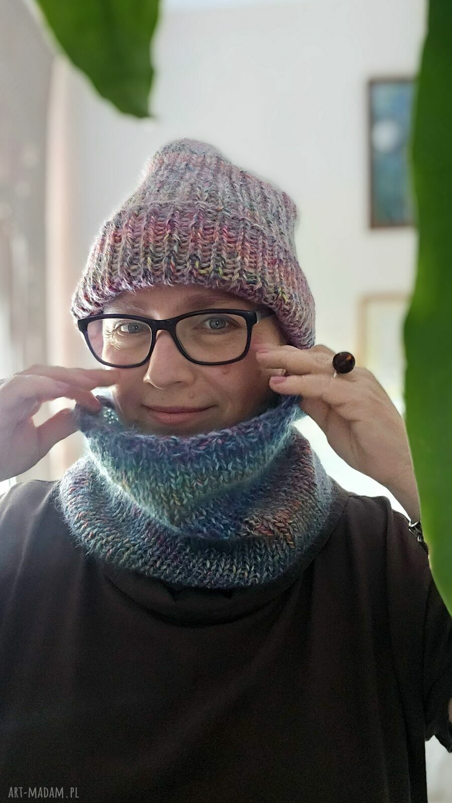 Kolorowa czapka z merino, moheru i jedwabiu