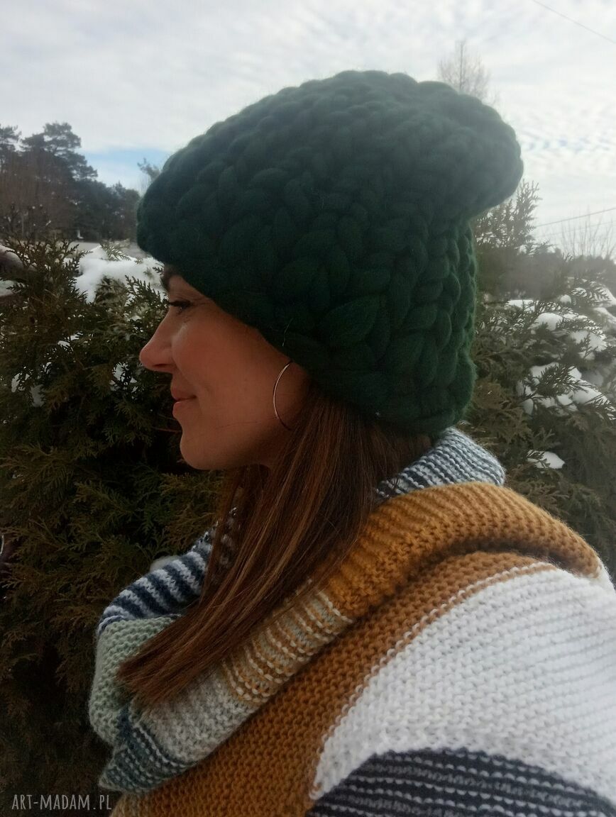 Czapka z wełny czesankowej 100% merynos - beanie w butelkowej zieleni