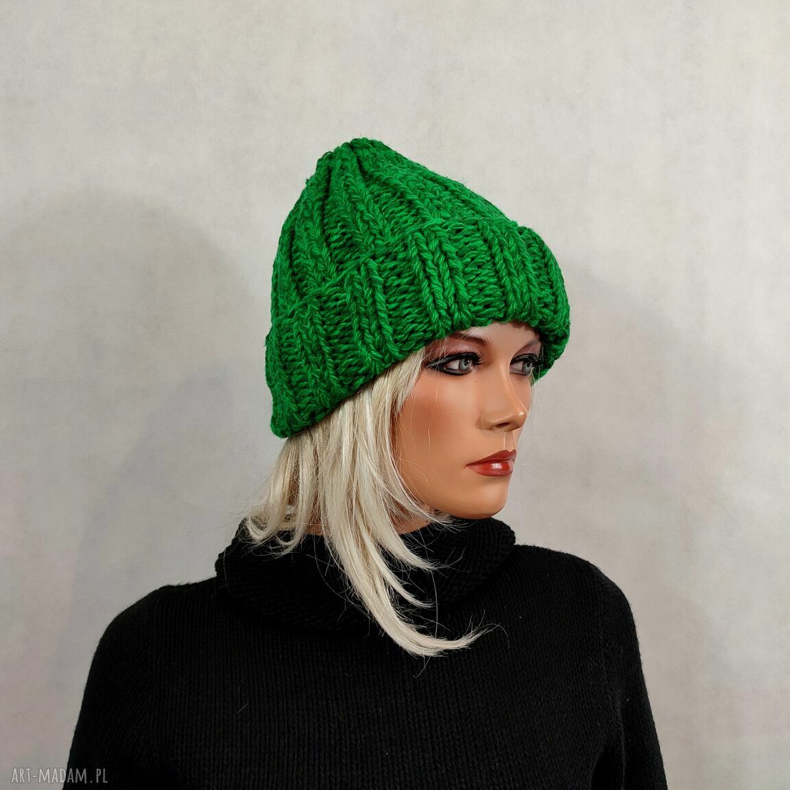 Ręcznie robiona czapka unisex z wełny i akrylu zielony melanż
