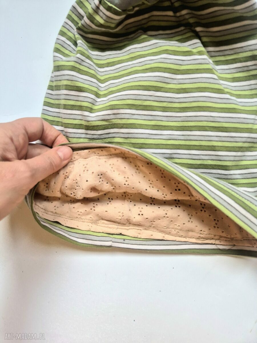 Zielona czapka boho w paski - Smerfetka na podszewce (rozm. M 56-57 cm)