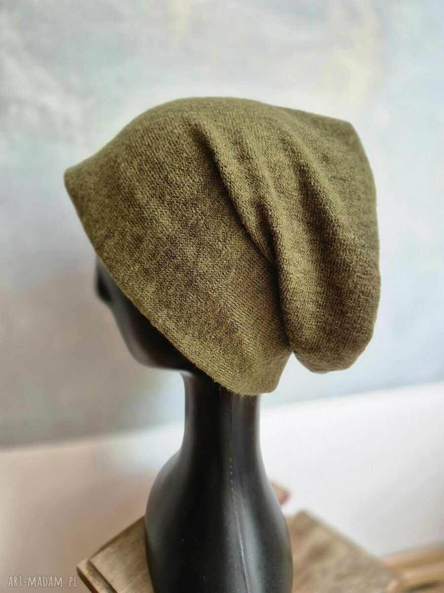 Czapka zielona khaki z wełnianej dzianiny na podszewce - rozmiar uniwersalny