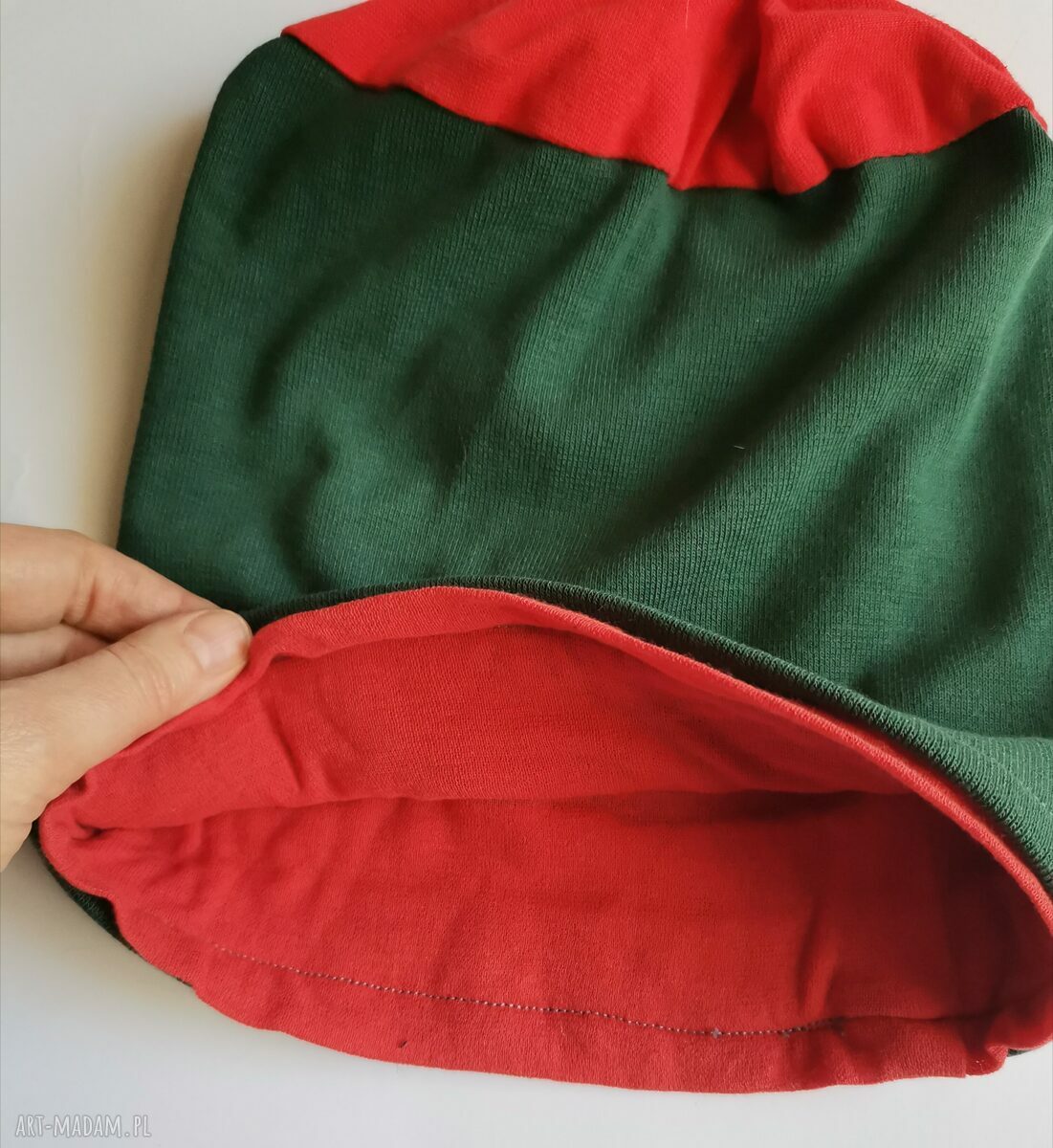Wiosenna czapka zielono-pomarańczowa na podszewce - boho folk, uniwersalna