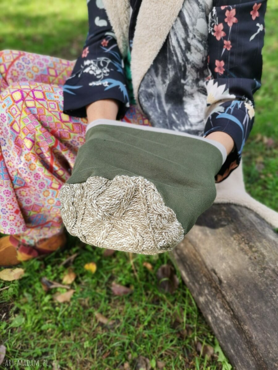 Czapka folk zielono-szara na podszewce, przylegająca i ciepła - rozmiar uniwersalny