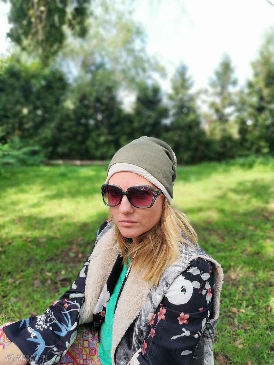 Czapka folk zielono-szara na podszewce, przylegająca i ciepła - rozmiar uniwersalny