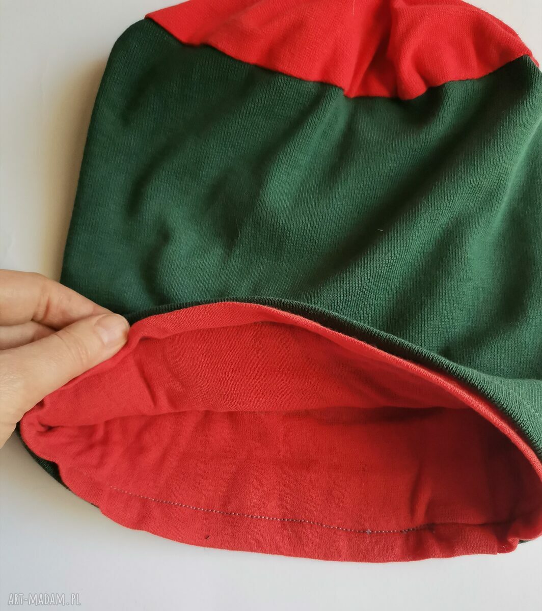 Wiosenna czapka zielono-pomarańczowa na podszewce - boho folk, uniwersalna