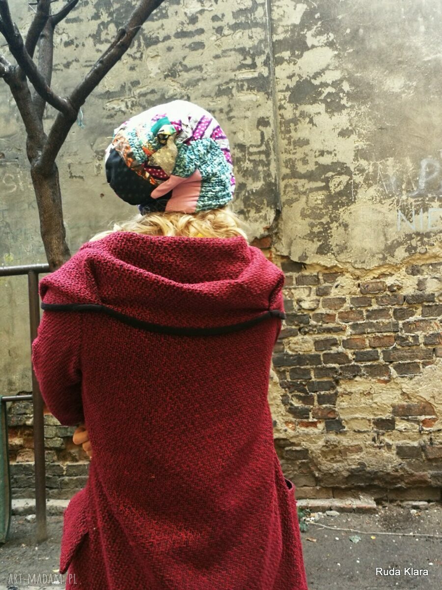 Czapka zimowa patchworkowa Etno Boho z podszewką - dla kobiet