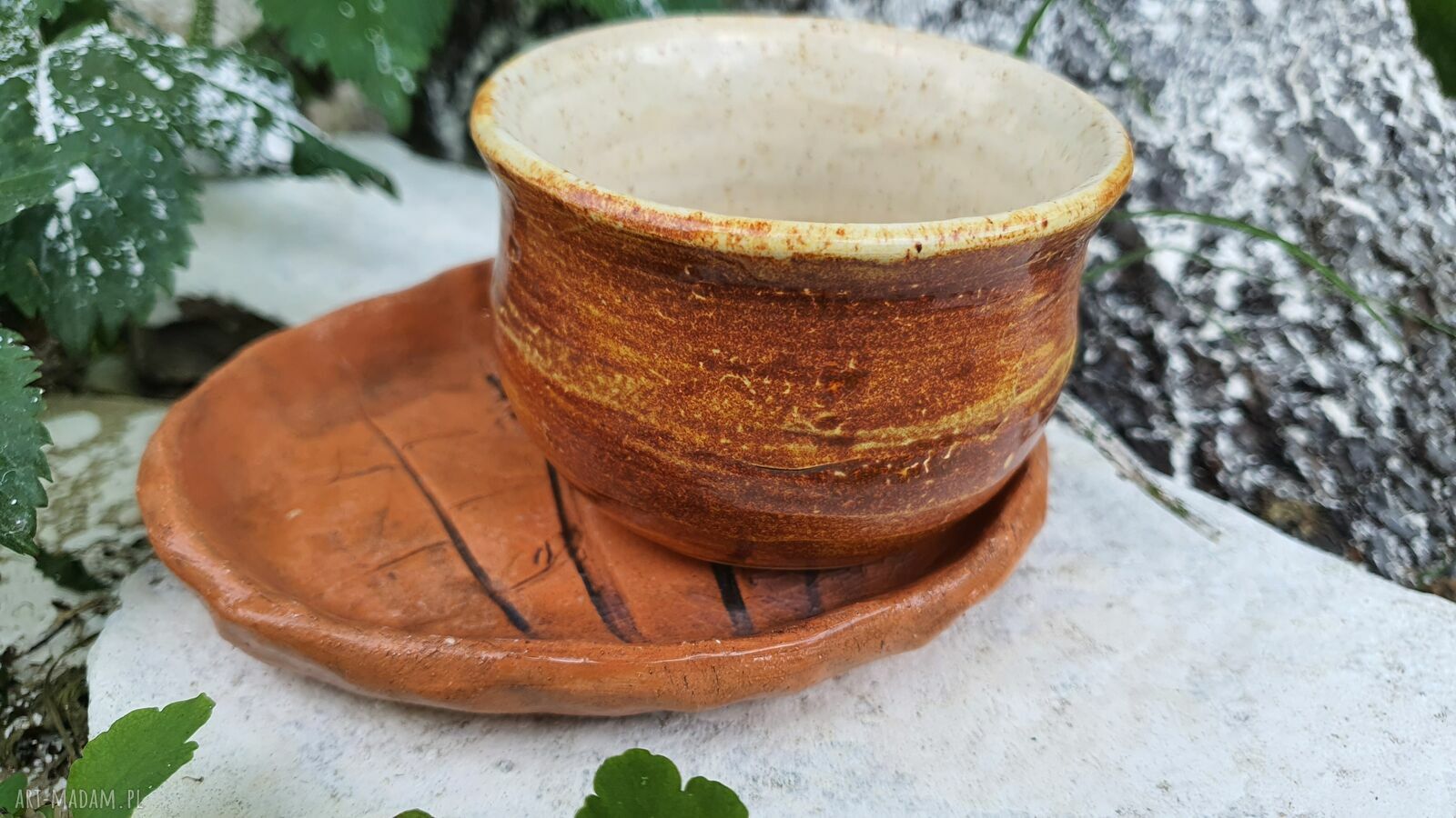 Czarka z talerzykiem z mniszkiem lekarskim - handmade ceramika 150 ml