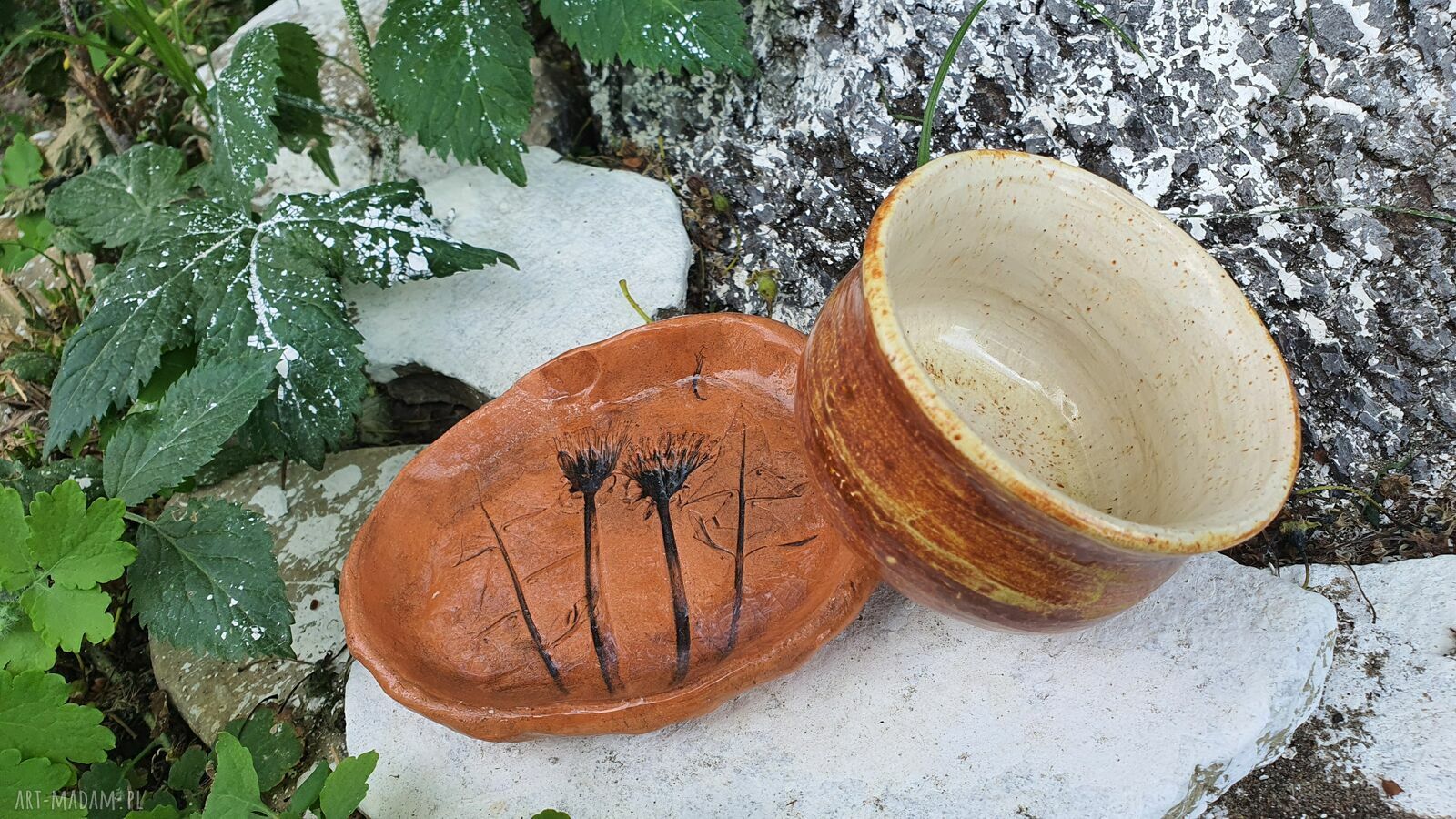Czarka z talerzykiem z mniszkiem lekarskim - handmade ceramika 150 ml
