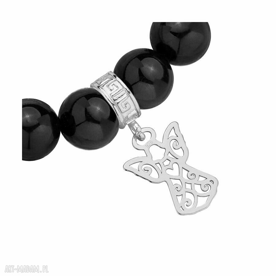 Czarna bransoletka z pereł swarovski® crystal ze srebrnym ażurowym aniołkiem