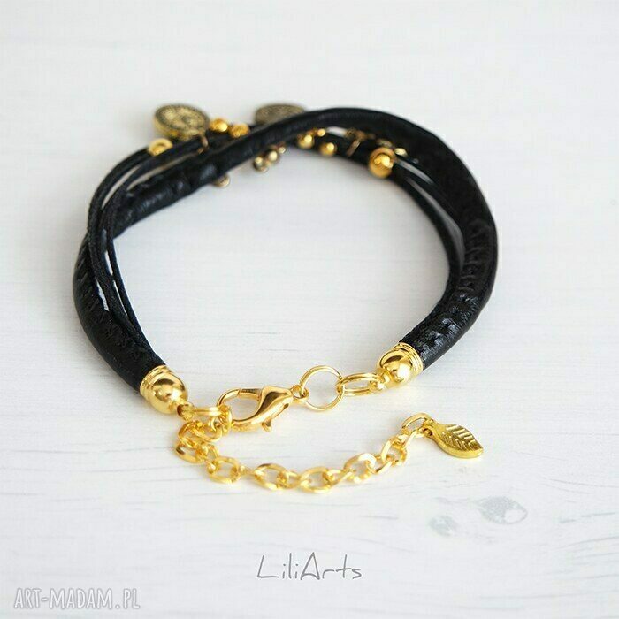 Bransoletka czarna z monetami w kolorze złota - handmade