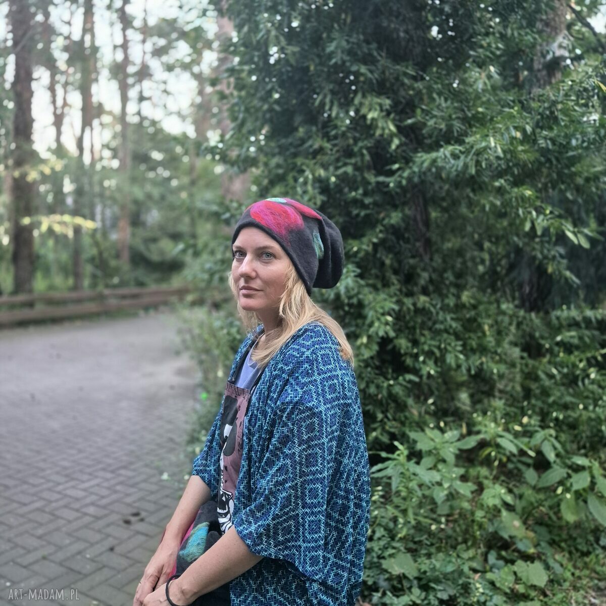 Czapka wełniana filcowana „Frida” - folk etno boho w kwiaty, z podszewką (rozmiar uniwersalny)