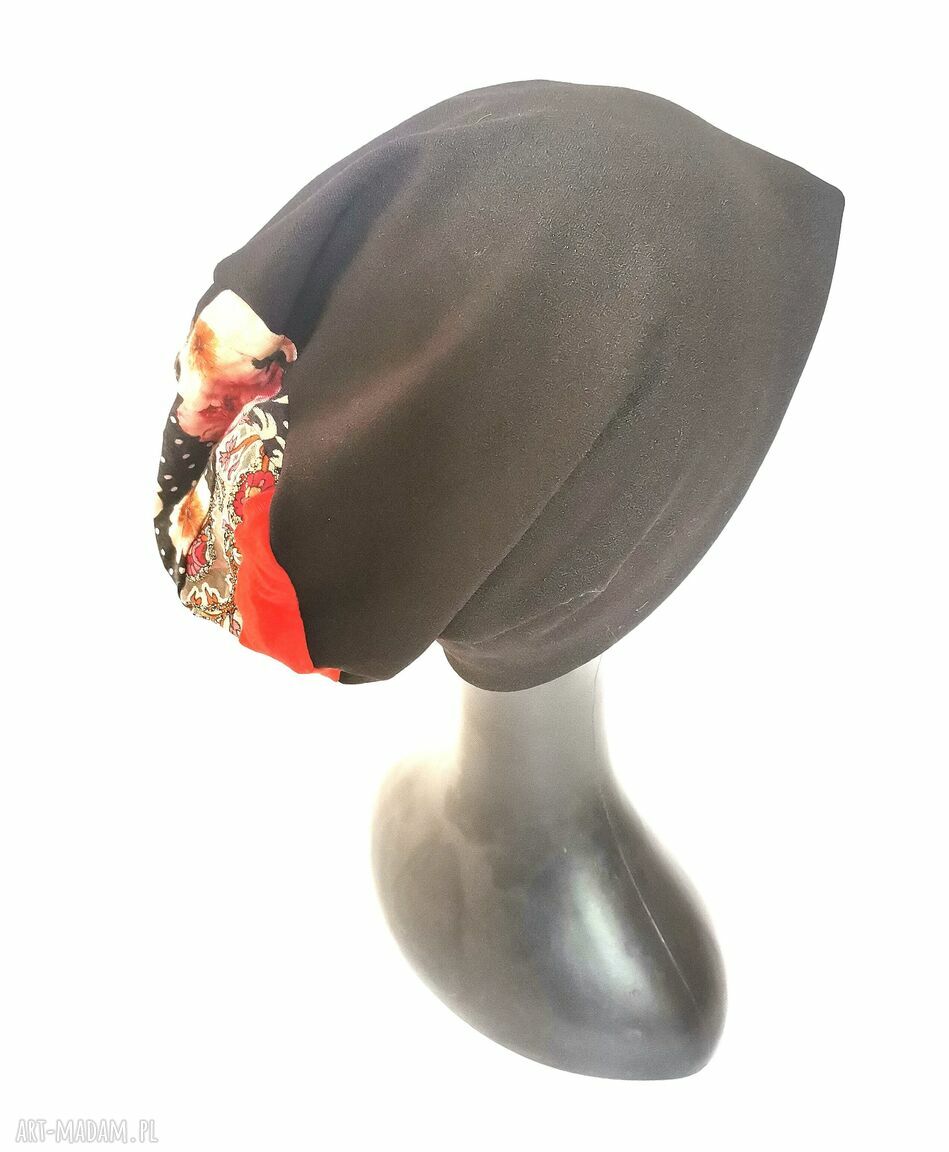 Czarna czapka patchworkowa Smerfetka na podszewce - handmade i lekko rozciągliwa