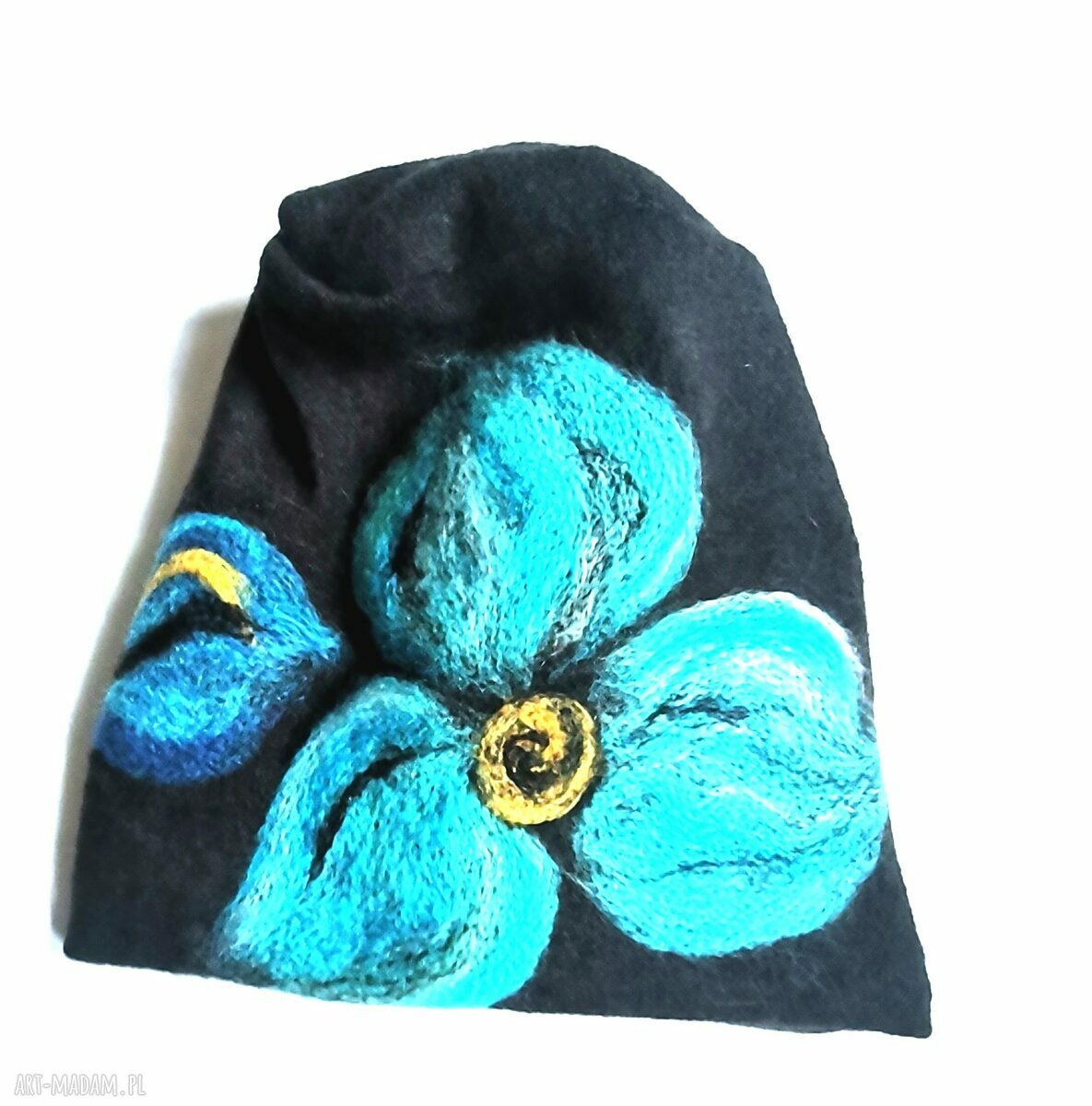 Czapka Frida - czarna wełniana filcowana zimowa w kwiaty (rozmiar uniwersalny)