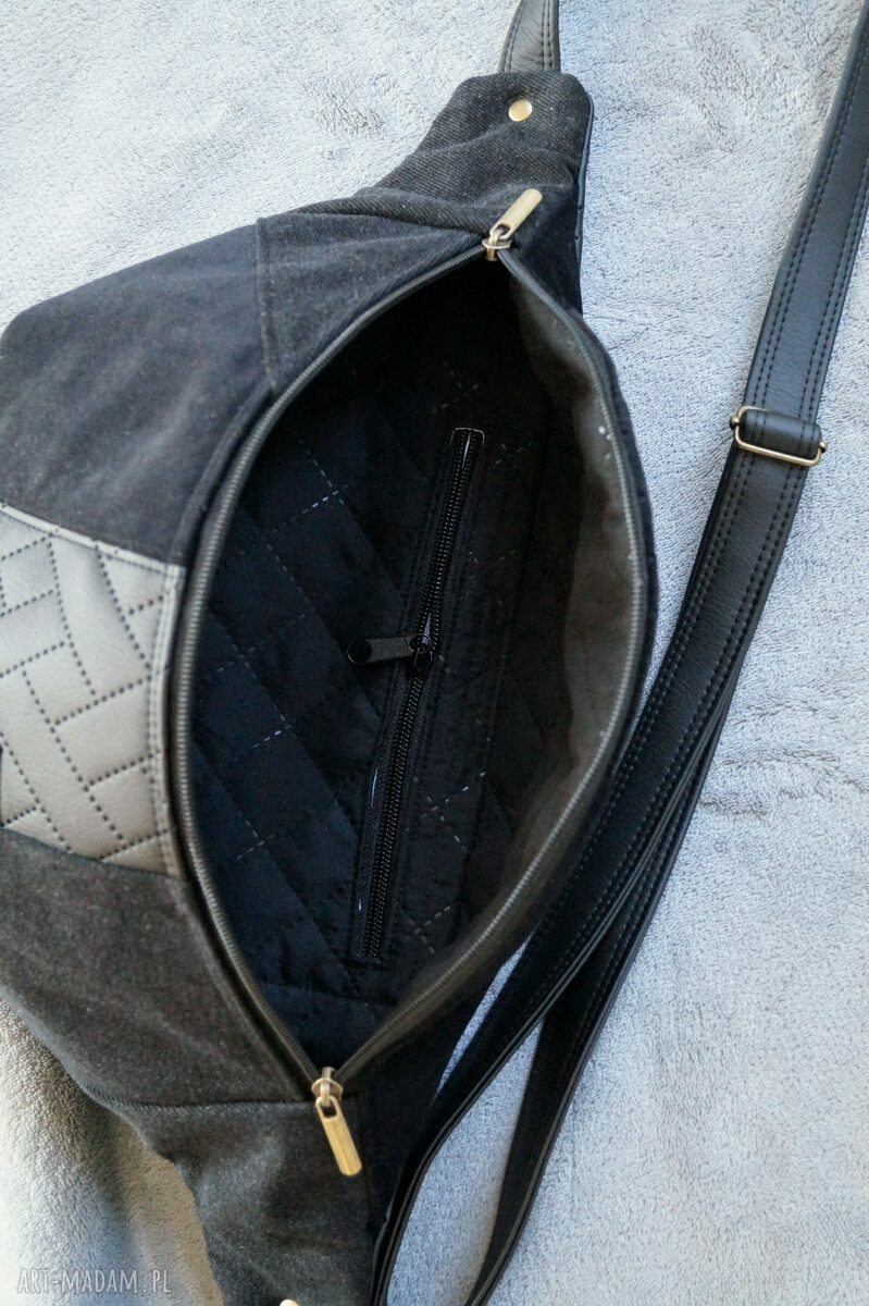 Czarna nerka patchworkowa XXL - pojemna i regulowana, handmade