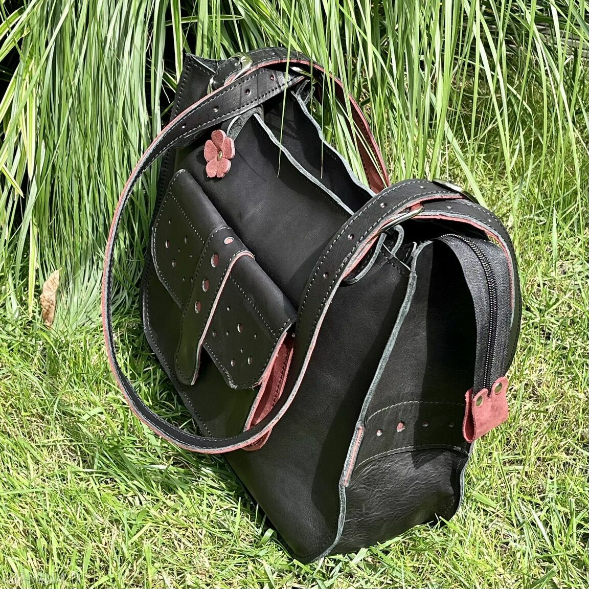 na ramię: Czarna torba skórzana Shopperka na ramię. Handmade