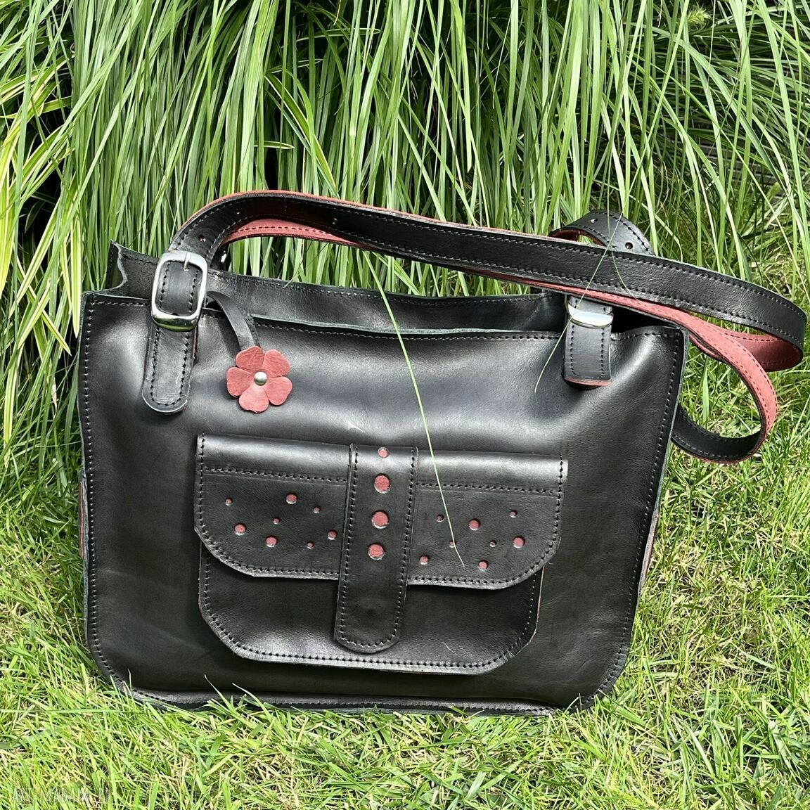 na ramię: Czarna torba skórzana Shopperka na ramię. Handmade