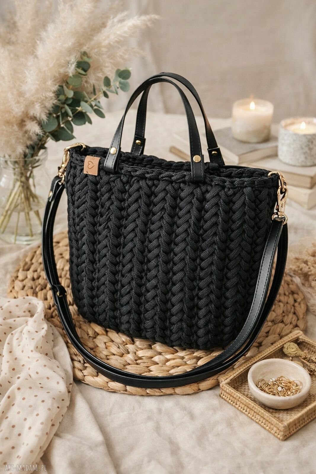 Czarna pleciona torebka handmade do pracy - Business Woman