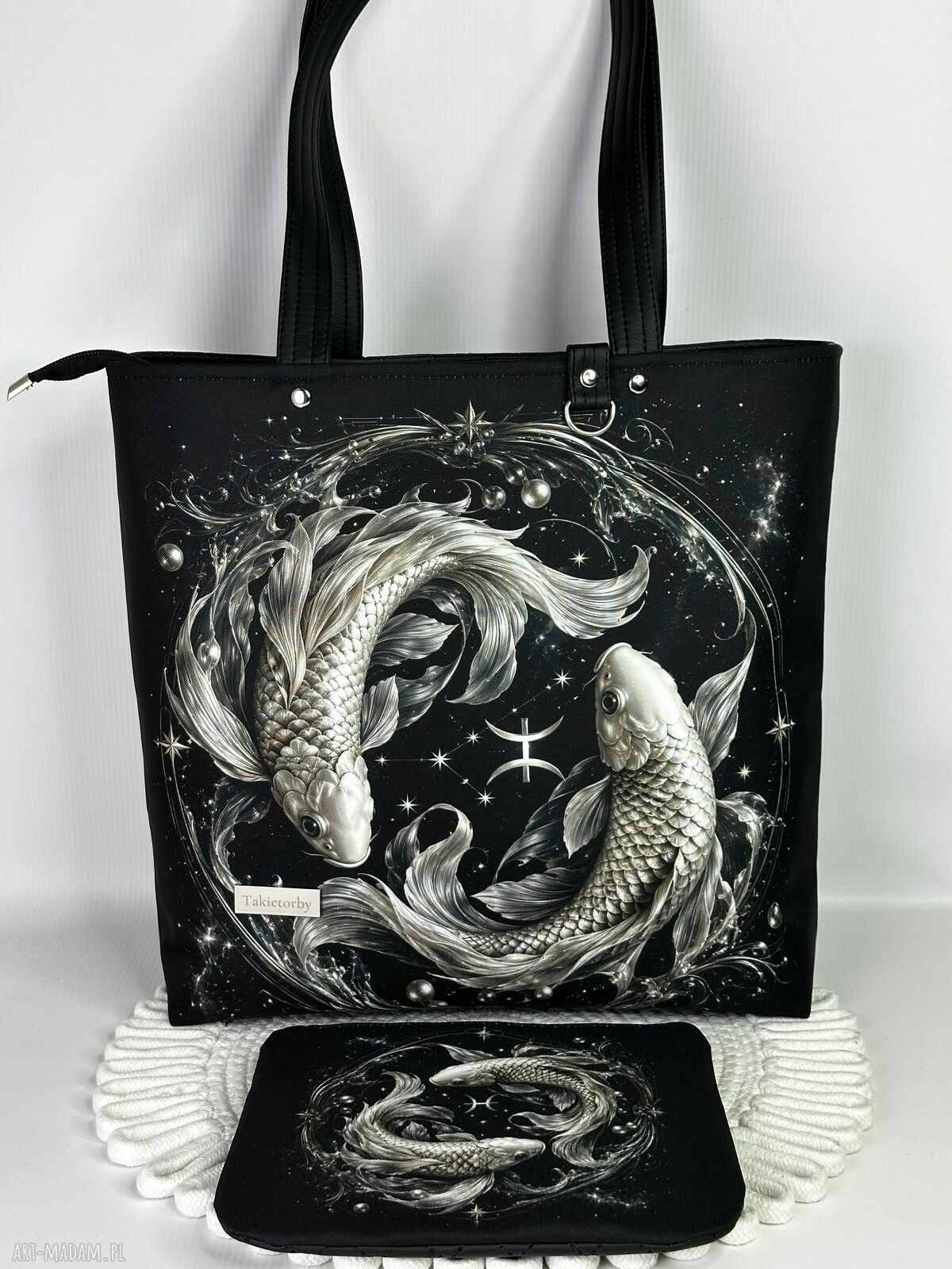 Czarna torebka shopper z kosmetyczką - wzór Zodiak Ryby