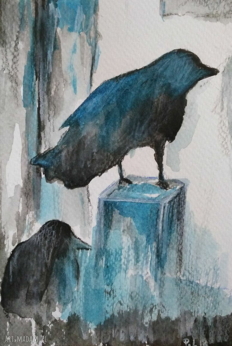 Czarne kruki - akwarela abstrakcja, format 12,5x18 cm
